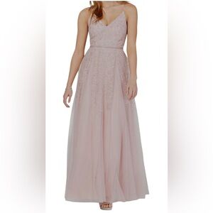 Teeze Me Juniors' Pink Glitter Beaded Mesh V-Neck Formal Dress Size 11-12